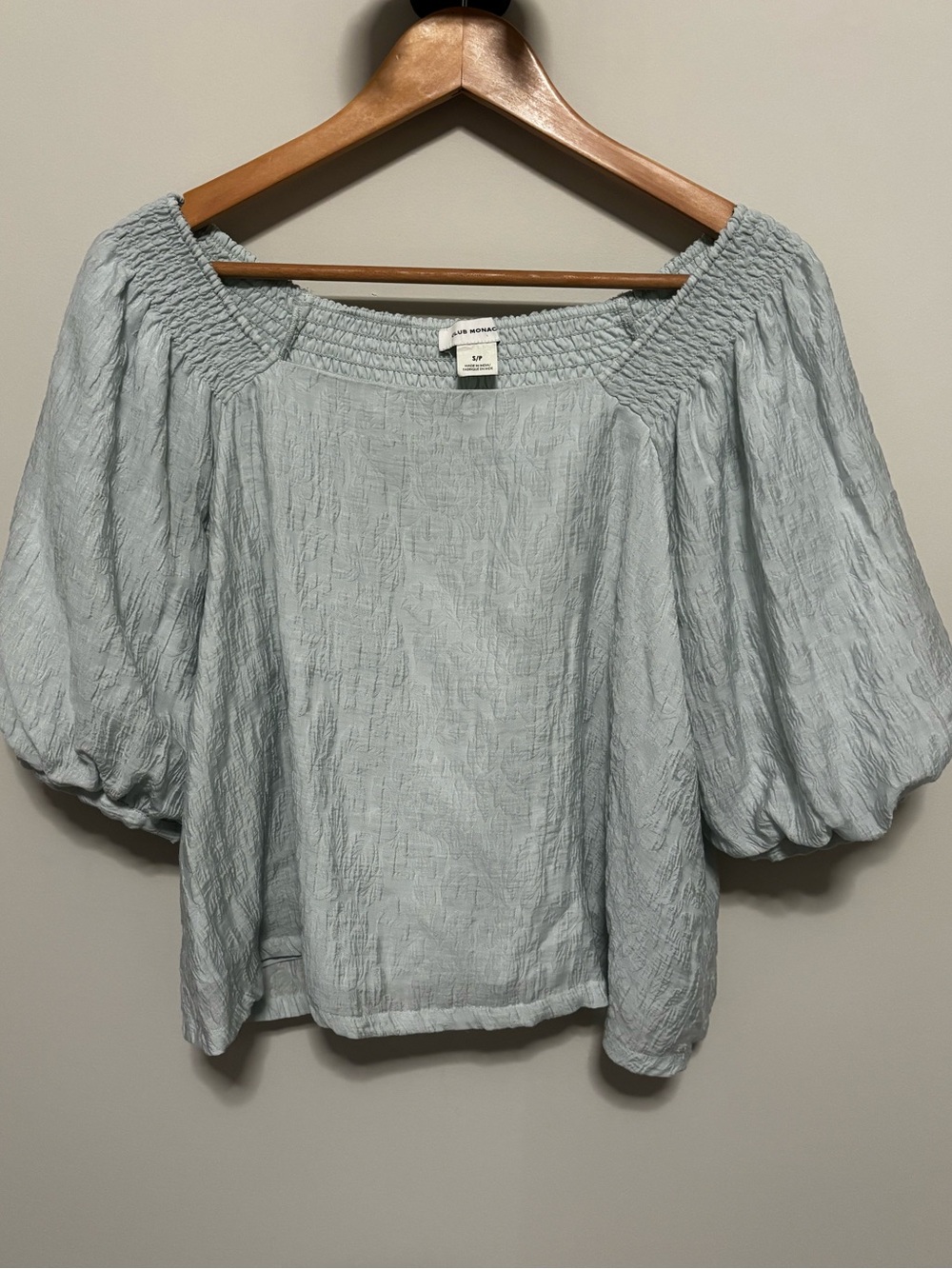 Club Monaco Pale Blue Smocked Square Neck Puff Sleeve Top